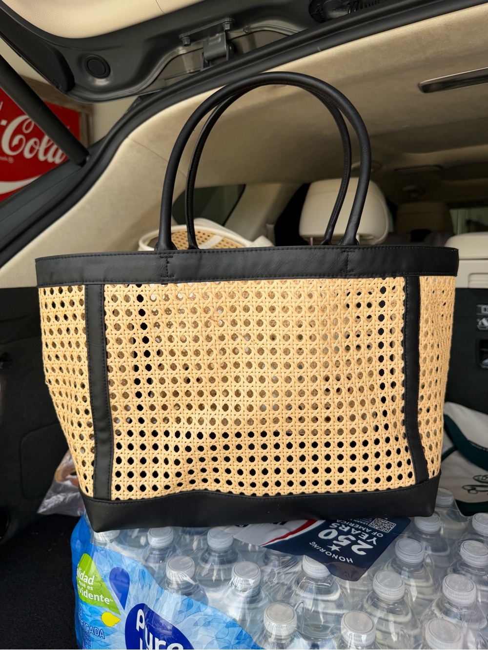 Woven Rattan Tote Bag with Black Leather Like Trim